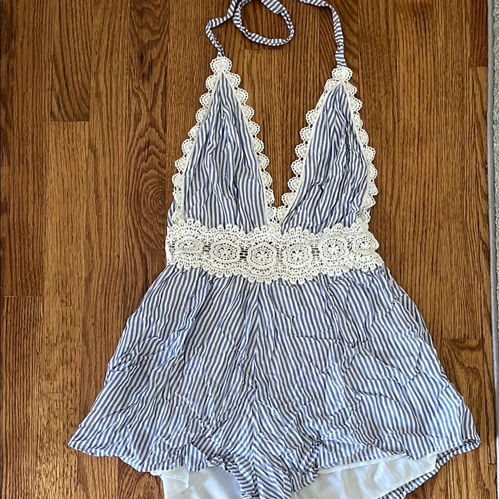 Sage Blue and White Striped Romper
